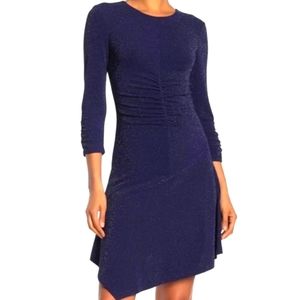 Vince Camuto Shimmer Ruched Asymmetrical Long Sleeve Dress Navy Blue Size 10